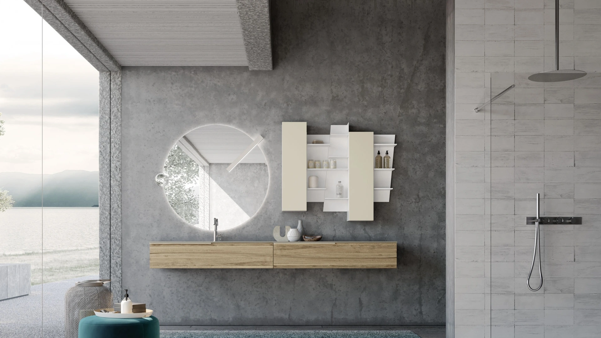 Mobile da Bagno sospeso M1 System 123 in melaminico Noce e laccato opaco di Baxar