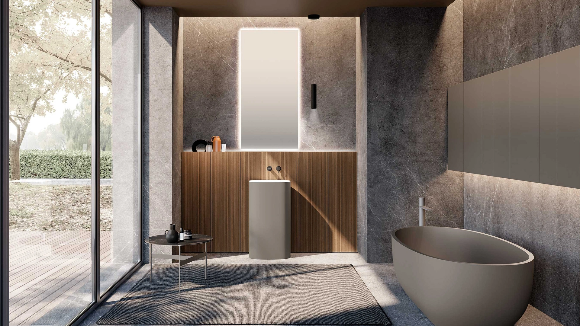 Mobile da Bagno M2 System 232 in legno impiallacciato di Eucalipto e lavabo laccato di Baxar