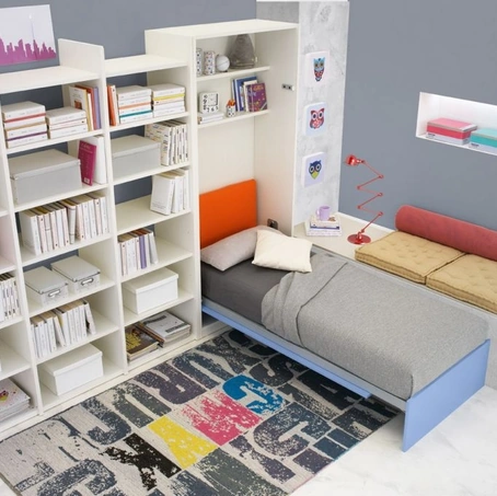 Cameretta con libreria accostata all'armadio con letto singolo inserito Salvaspazio Pratico di Corazzin