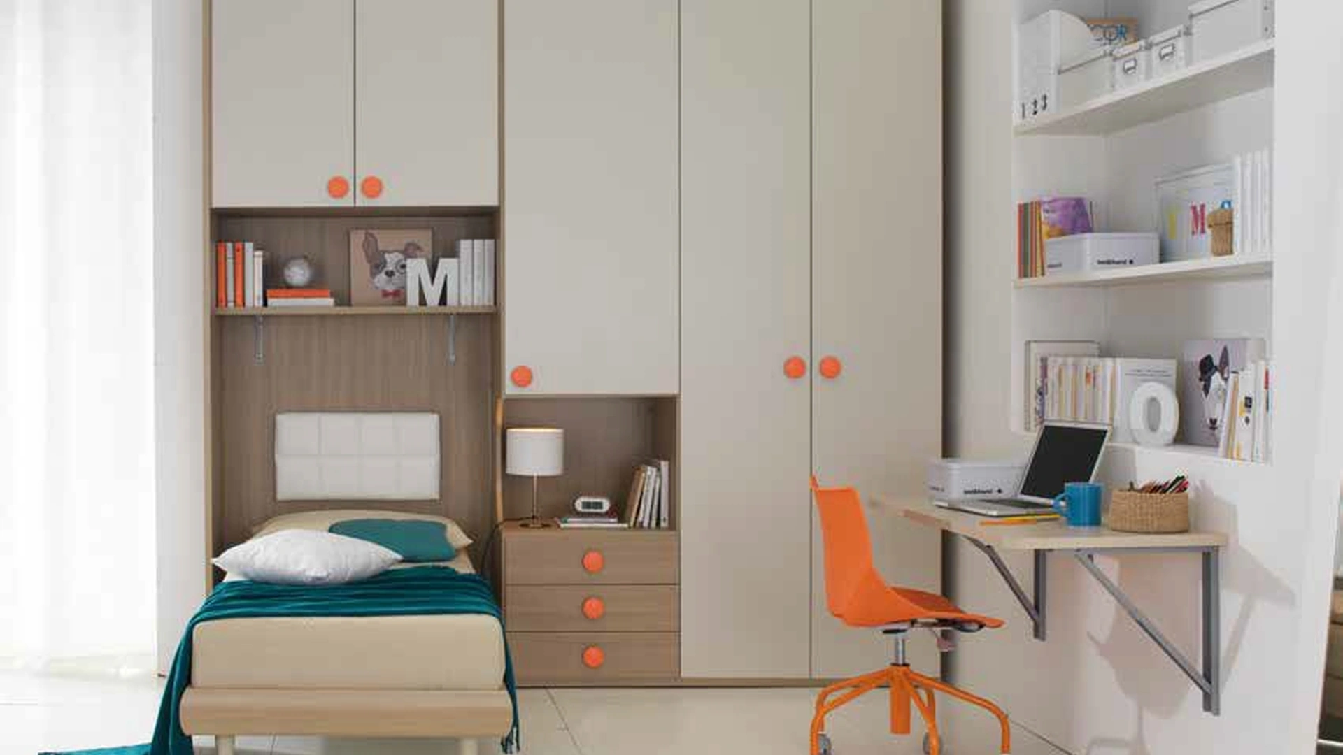 Cameretta con ponte e colonna armadio con letto inserito con caduta rallentata Salvaspazio Basic di Corazzin