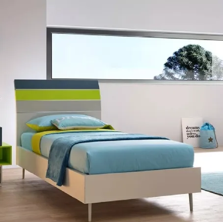 Letto singolo in nobilitato Quarzo con testiera Bend in laccato Pavone, Verde Cedro e  Corda SC113 di Moretti Compact