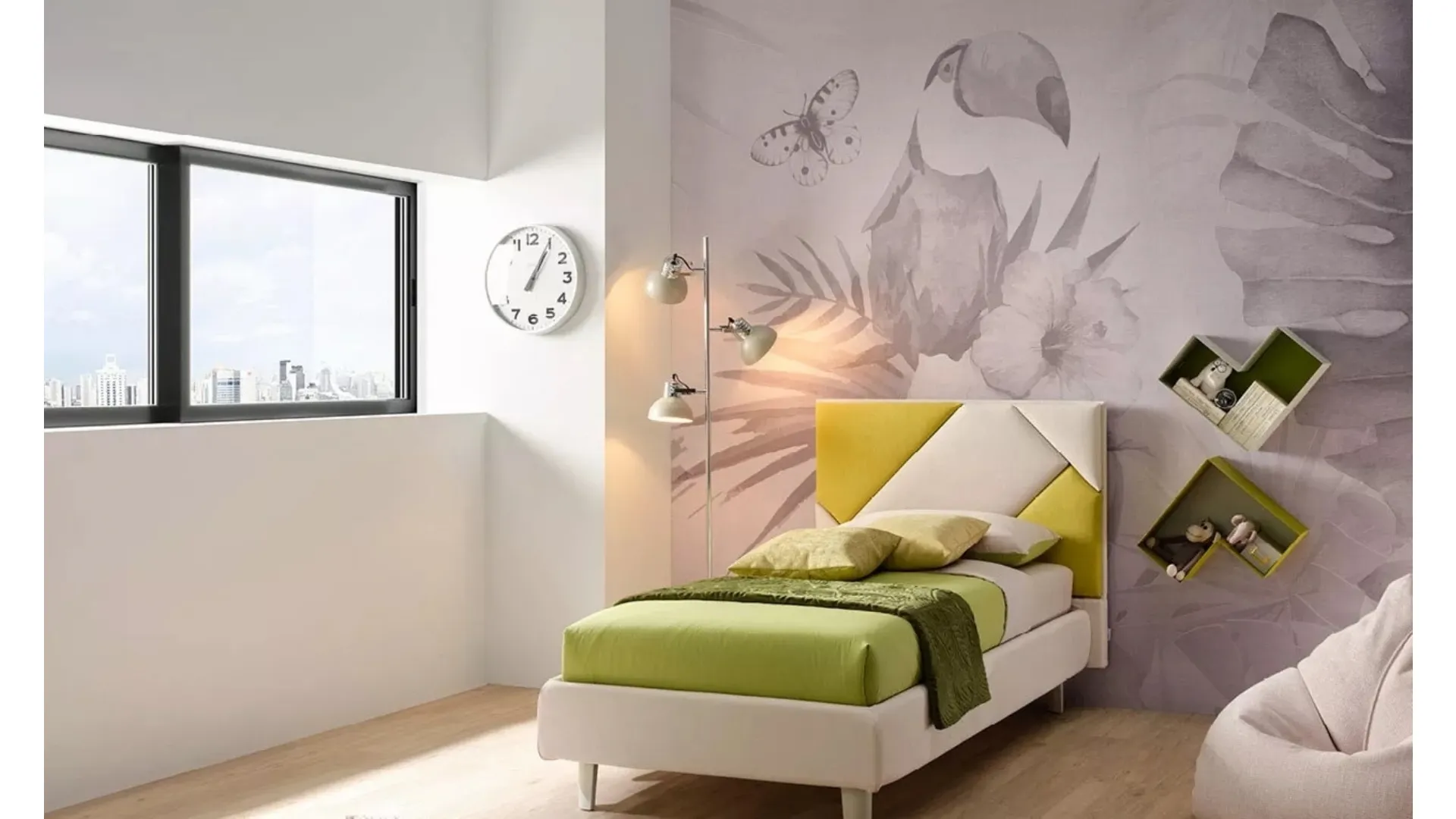 Letto singolo con testiera in tessuto trapuntata e imbottita SC202 di Moretti Compact