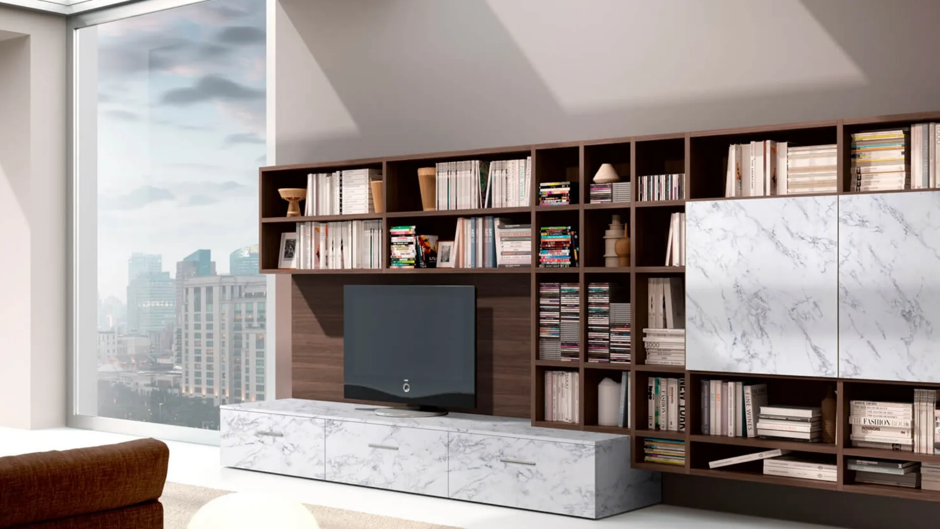 Libreria a muro Living 81D in melaminico con ante in materico effetto marmo bianco di Carrara di Ferrimobili