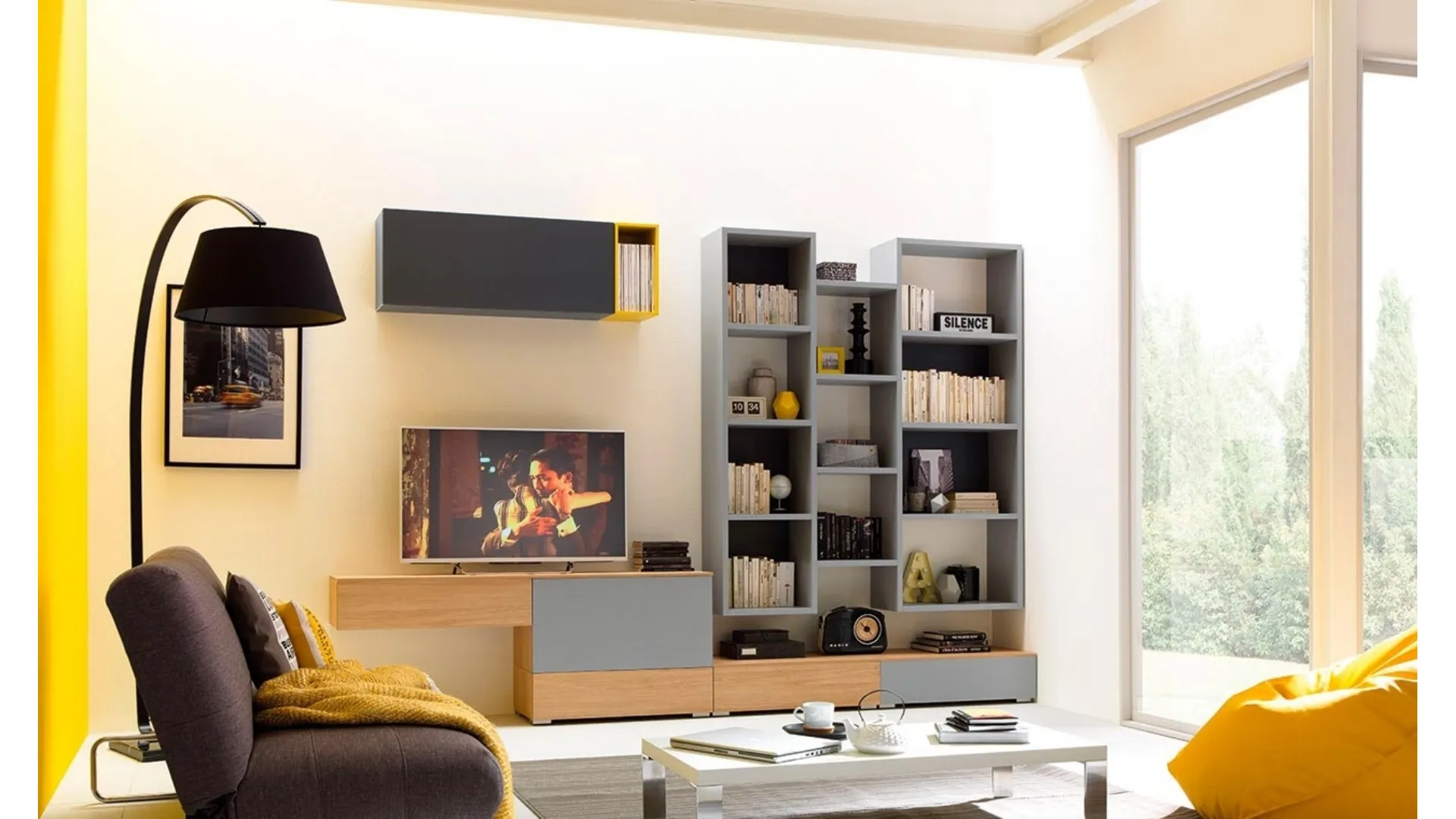 Libreria sospesa in laccato grigio Outline LV105 di Moretti Compact