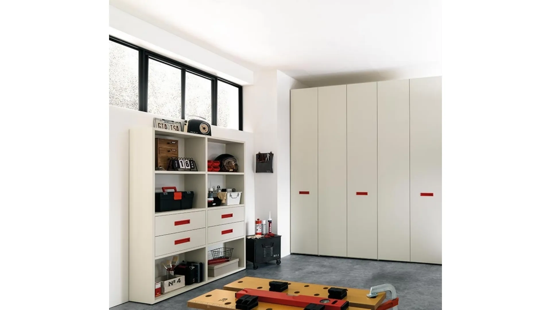 Libreria in melaminico Quarzo con maniglie in laccato Ciliegia NC308 Moretti Compact