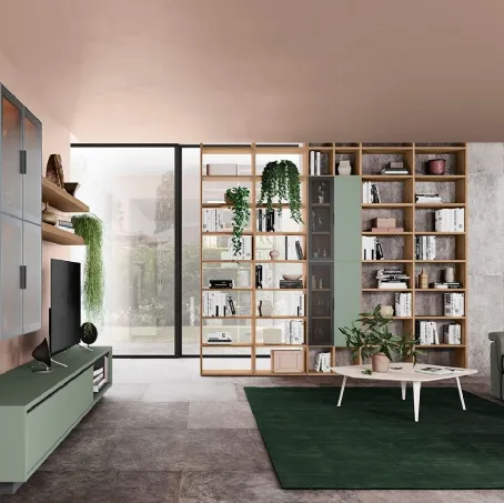 Libreria Volo Infinity sospesa in melaminico finitura Bianco e effetto legno di Colombini Casa